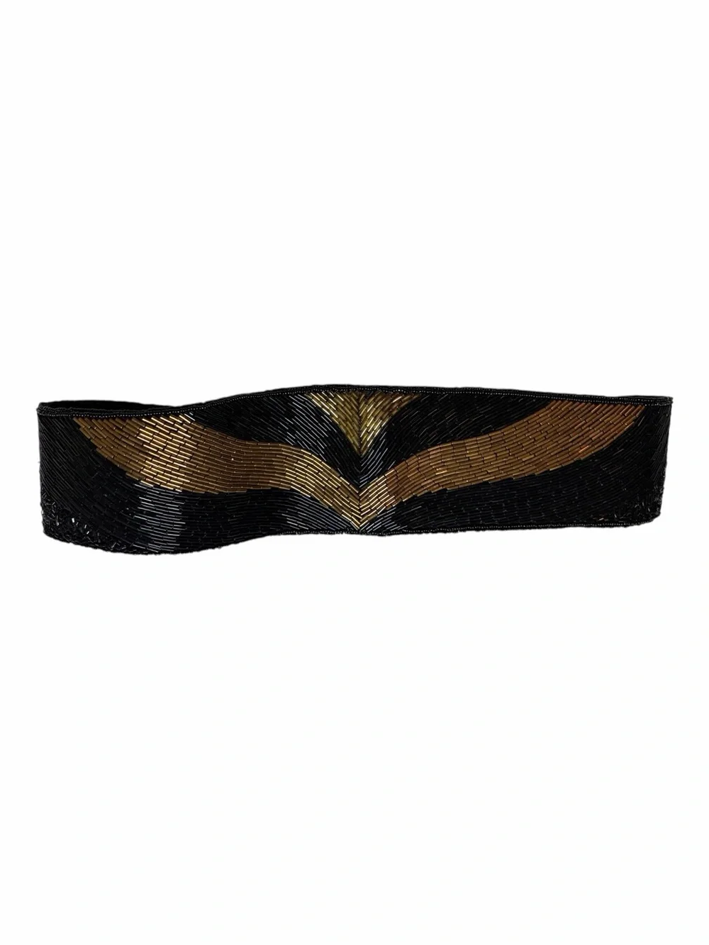 Vtg La Regale Black Gold Beaded Chevron Belt Wide Cummerbund Size L 80s